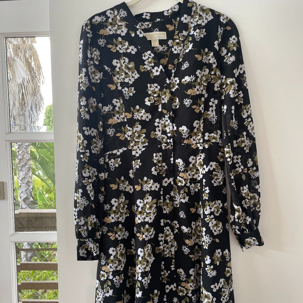 Michael Kors Black Green Floral V Neck Long Sleeve Shirt Mini Dress‎ Size XXS